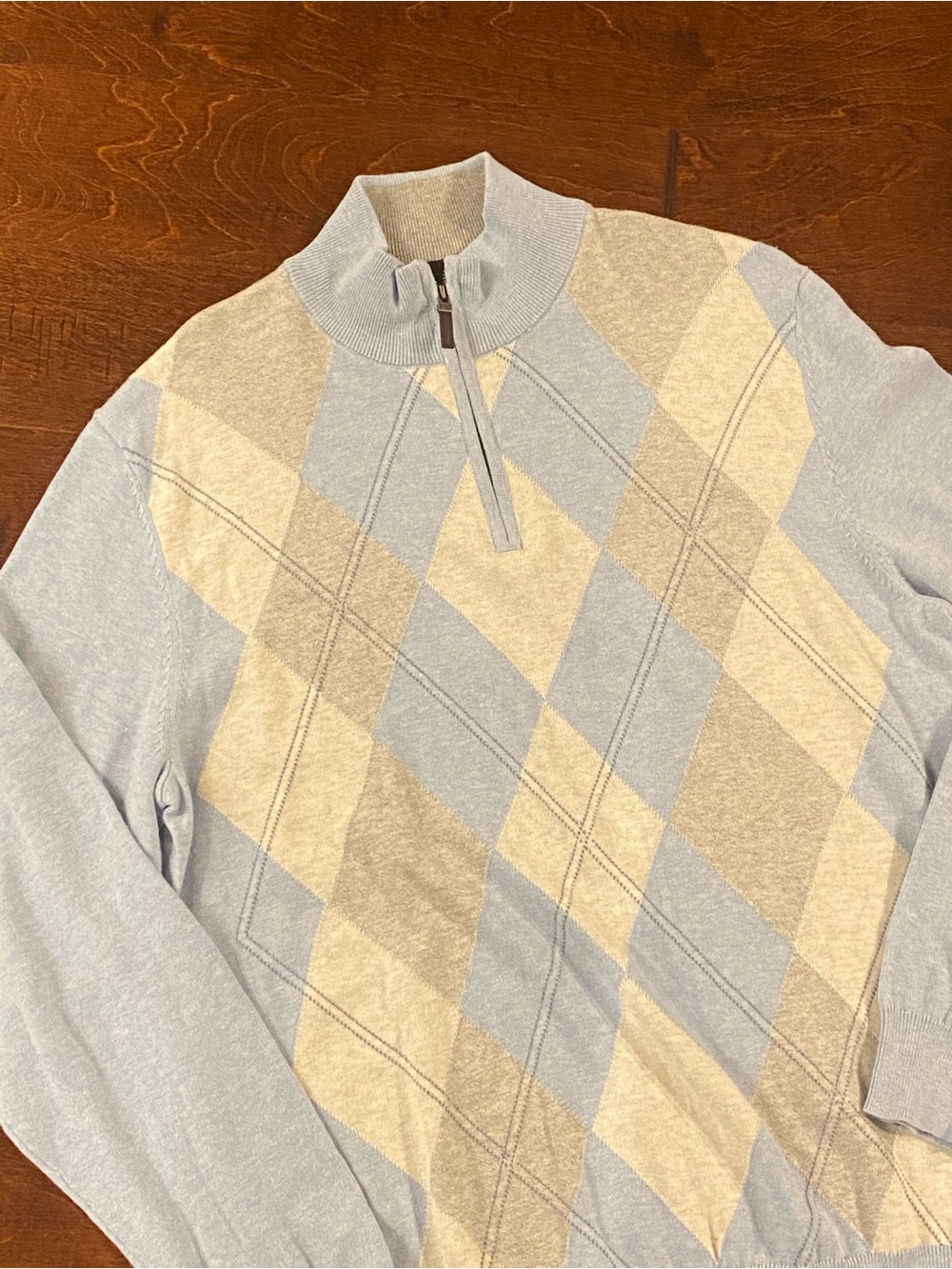 NWT Tasso Elba Men's Argyle Quarter Zip Sweater 100% Cotton Blue Cream Medium